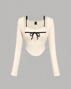 Square Neck Tie Detail Long Sleeve Top in Off White