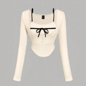 Square Neck Tie Detail Long Sleeve Top in Off White