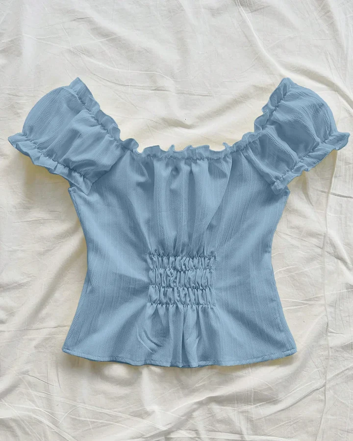 Tie-Up Front Puff Sleeve Off Shoulder Crop Top in Blue - Image 2