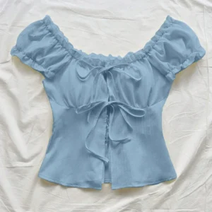 Tie-Up Front Puff Sleeve Off Shoulder Crop Top in Blue